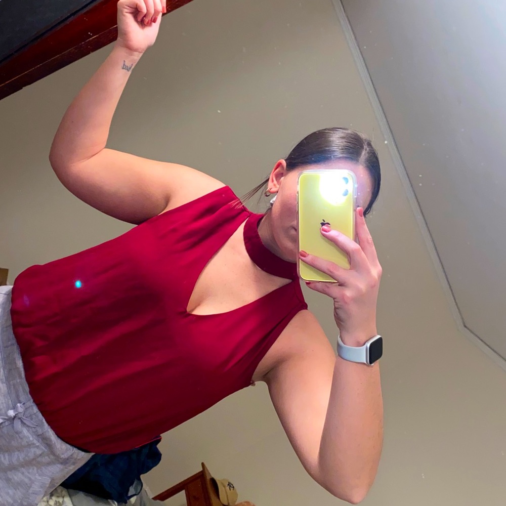 Burgundy body suit with a built in choker